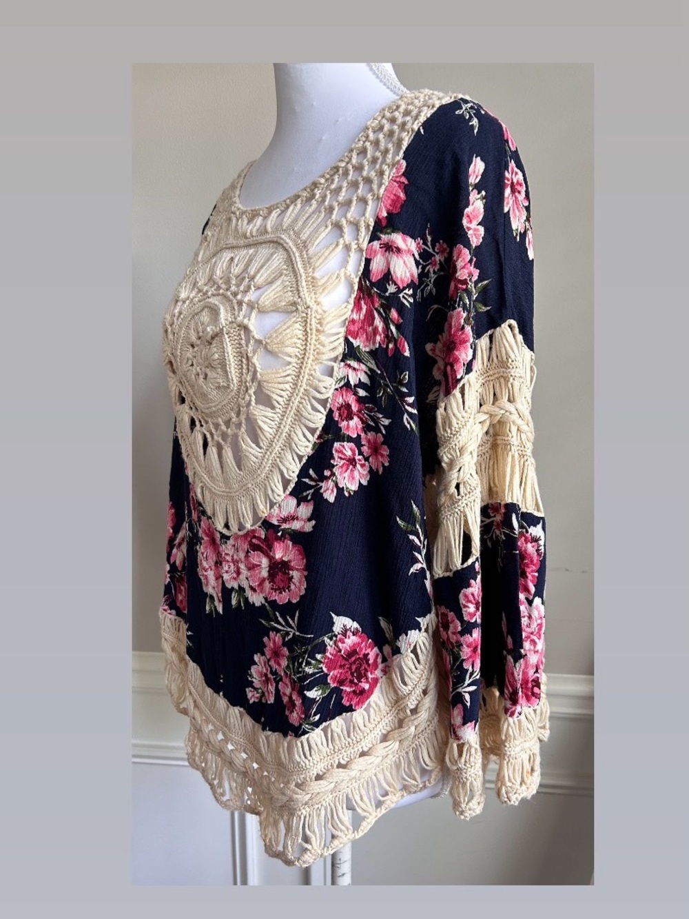 Love J  Crochet Floral Mix Top — Navy & Cream